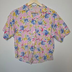 Vintage Floral Print Short Sleeve Button Up Shirt Pink Blue Medium/Large